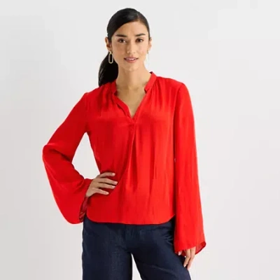 Worthington Womens Split Crew Neck Long Sleeve Satin Blouse In Red