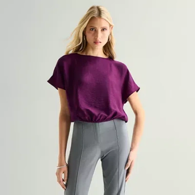 Worthington Womens Split Crew Neck Short Sleeve Blouse In Purple