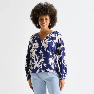 Worthington Womens Split Tie Neck Long Sleeve Blouse In Blue