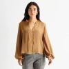 Worthington Womens Split Tie Neck Long Sleeve Blouse In Brown