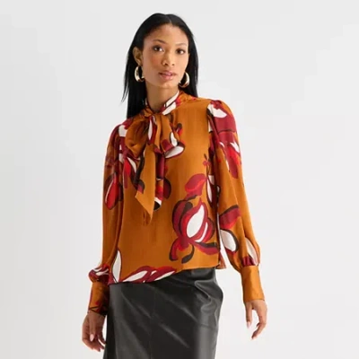 Worthington Womens Split Tie Neck Long Sleeve Blouse In Brown