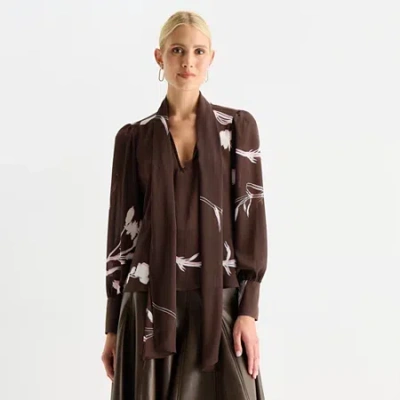 Worthington Womens Split Tie Neck Long Sleeve Blouse In Brown