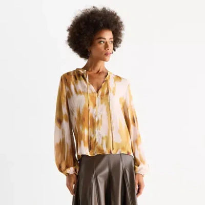 Worthington Womens Split Tie Neck Long Sleeve Blouse In Brown