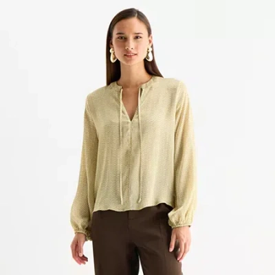 Worthington Womens Split Tie Neck Long Sleeve Blouse In Green
