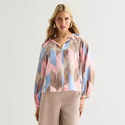 Worthington Womens Split Tie Neck Long Sleeve Blouse In Multi