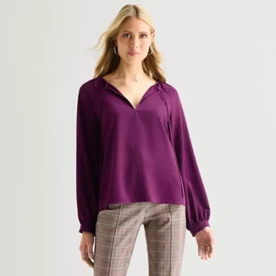 Worthington Womens Split Tie Neck Long Sleeve Blouse In Purple