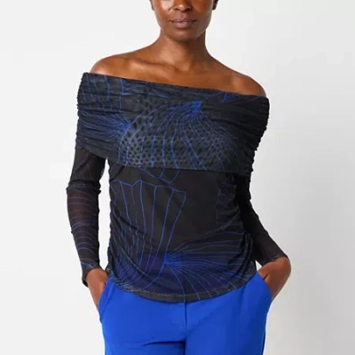 Worthington Womens Straight Neck Long Sleeve Blouse In Black