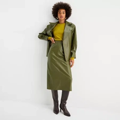 Worthington Womens Tall Midi Faux Leather Pencil Skirt In Green