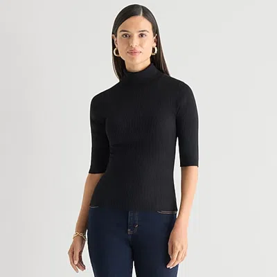 Worthington Womens Turtleneck Elbow Sleeve Pullover Sweater In Black