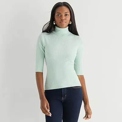 Worthington Womens Turtleneck Elbow Sleeve Pullover Sweater In Blue