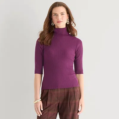 Worthington Womens Turtleneck Elbow Sleeve Pullover Sweater In Purple