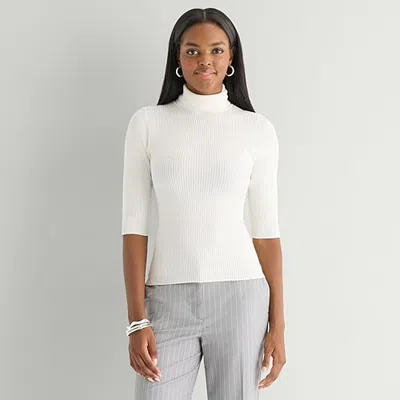 Worthington Womens Turtleneck Elbow Sleeve Pullover Sweater In White