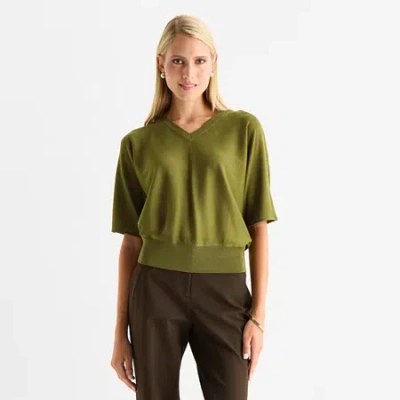 Worthington Womens V Neck Elbow Sleeve Pullover Sweater In Green