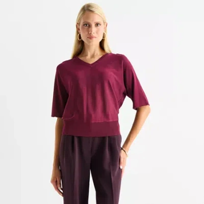 Worthington Womens V Neck Elbow Sleeve Pullover Sweater In Red