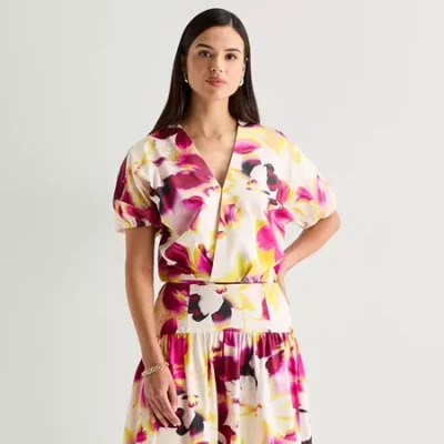 Worthington Womens V Neck Long Sleeve Blouse In Multi