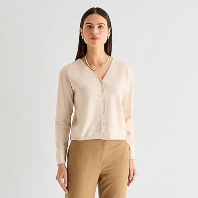 Worthington Womens V Neck Long Sleeve Button Cardigan In Beige