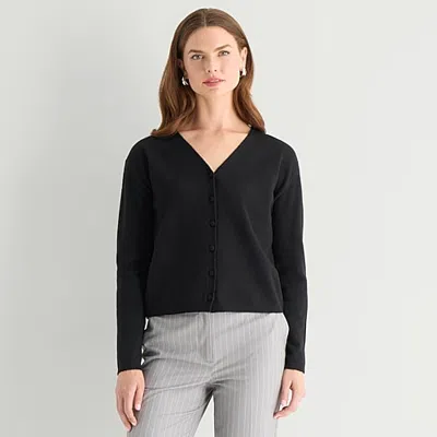 Worthington Womens V Neck Long Sleeve Button Cardigan In Black