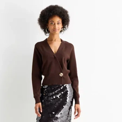 Worthington Womens V Neck Long Sleeve Button Cardigan In Brown