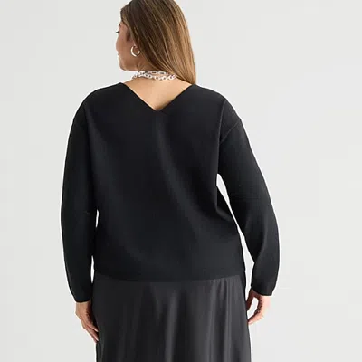 Worthington Womens V Neck Long Sleeve Button Plus Cardigan In Black