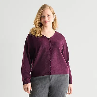 Worthington Womens V Neck Long Sleeve Button Plus Cardigan In Purple