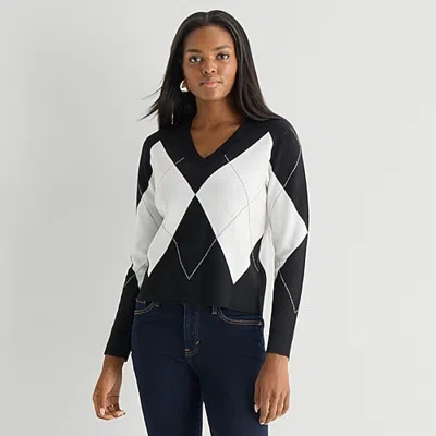 Worthington Womens V Neck Long Sleeve Pullover Sweater In Black
