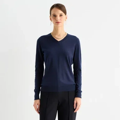 Worthington Womens V Neck Long Sleeve Pullover Sweater In Blue