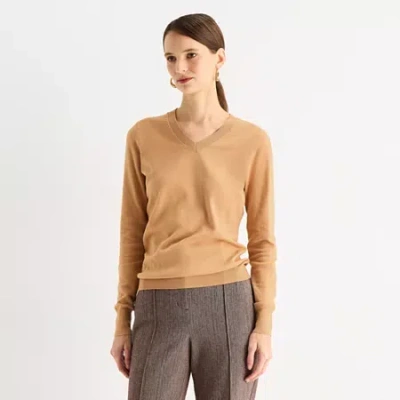 Worthington Womens V Neck Long Sleeve Pullover Sweater In Brown