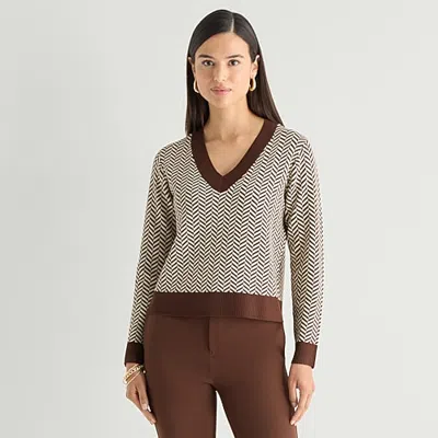 Worthington Womens V Neck Long Sleeve Pullover Sweater In Brown