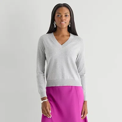 Worthington Womens V Neck Long Sleeve Pullover Sweater In Gray