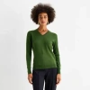 Worthington Womens V Neck Long Sleeve Pullover Sweater In Green