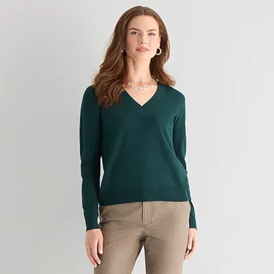 Worthington Womens V Neck Long Sleeve Pullover Sweater In Green