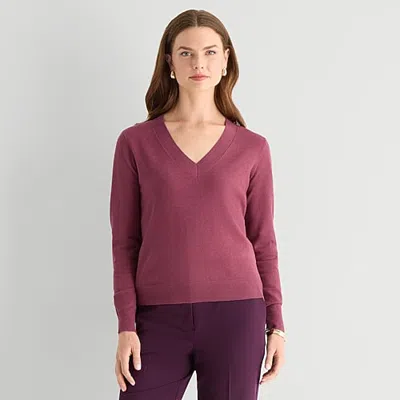 Worthington Womens V Neck Long Sleeve Pullover Sweater In Pink