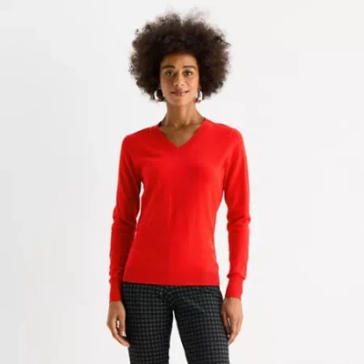 Worthington Womens V Neck Long Sleeve Pullover Sweater In Red