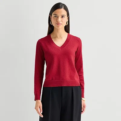Worthington Womens V Neck Long Sleeve Pullover Sweater In Red