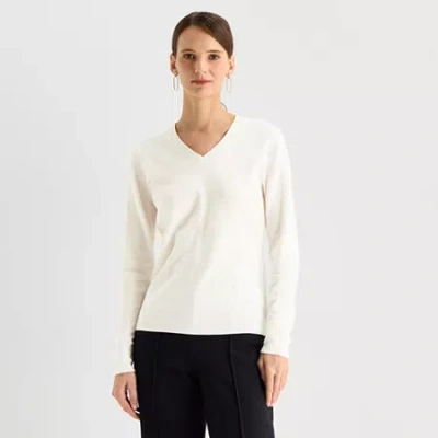 Worthington Womens V Neck Long Sleeve Pullover Sweater In White