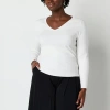 Worthington Womens V Neck Long Sleeve Pullover Sweater In White