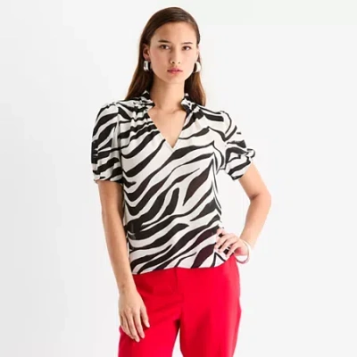 Worthington Womens V Neck Short Sleeve Blouse In Black