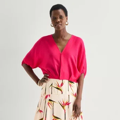Worthington Womens V Neck Short Sleeve Blouse In Pink