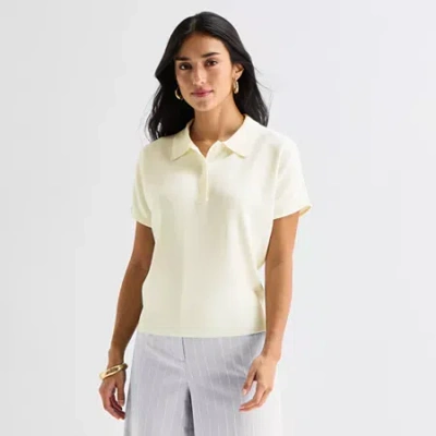 Worthington Womens V Neck Short Sleeve Polo Sweater In Neutral