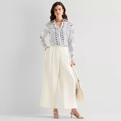 Worthington Womens Wide Leg High Rise Pleated Pant In Brown