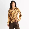 Worthington Womens Y Neck Long Sleeve Blouse In Brown