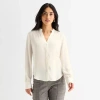 Worthington Womens Y Neck Long Sleeve Blouse In White