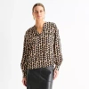 Worthington Womens Y Neck Long Sleeve Satin Blouse In Multi
