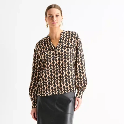 Worthington Womens Y Neck Long Sleeve Satin Blouse In Black