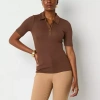 Worthington Womens Y Neck Short Sleeve Polo Shirt In Brown