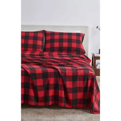 Woven & Weft Buffalo Check Cotton Flannel Sheet Set In Buffalo Check - Red/black