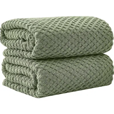 Woven & Weft Diamond Waffle Textured 2-piece Bath Sheet Set In Green