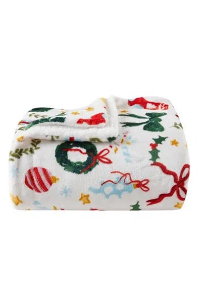 Woven & Weft Holiday Print Reversible Faux Shearling Throw Blanket In White