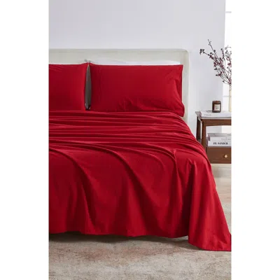 Woven & Weft Solid Cotton Flannel Sheet Set In Red