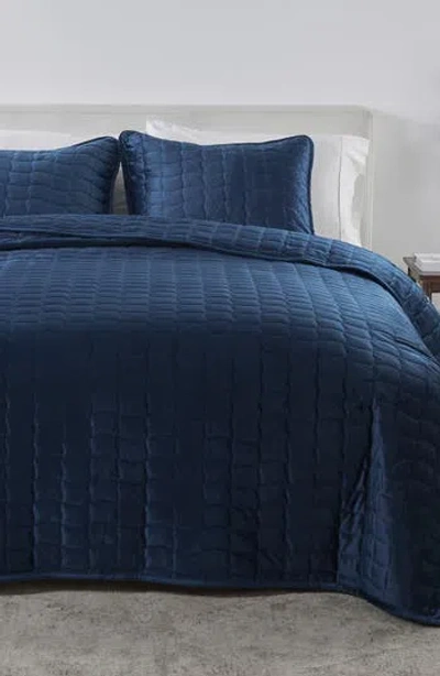 Woven & Weft Velvet Box Stitch Quilt Set In Blue